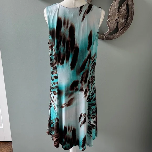 Sleeveless Teal & Brown Print V-neck Dress size - Picture 5 of 6